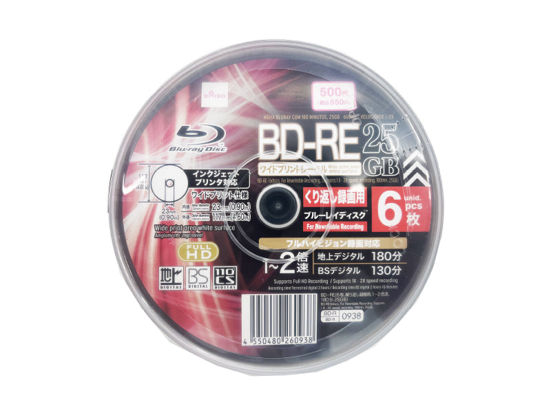 BD-RE for Rewritable Recording Supports 1X - 2X Speed 25GB