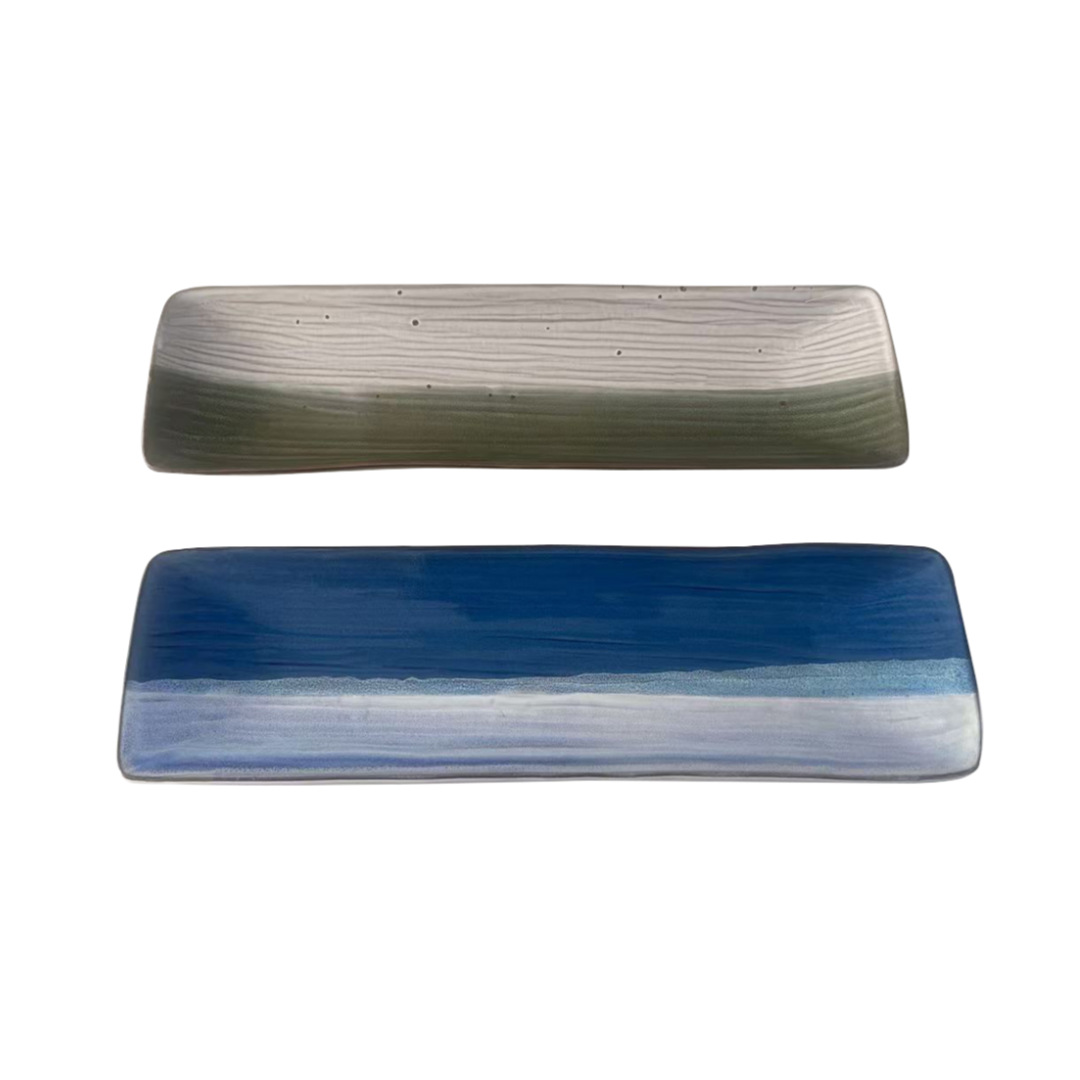 Hoshun Split Glaze Saury Plate Green/Blue
