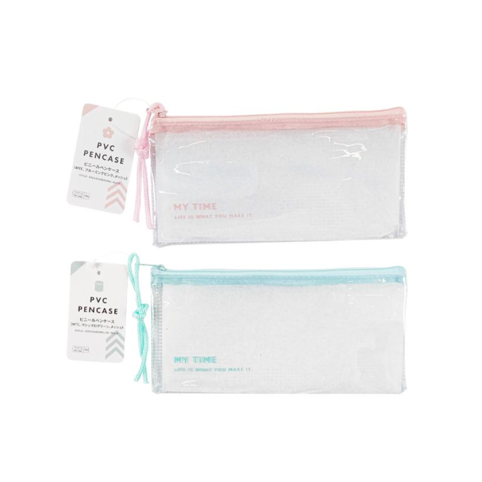 PVC Pen Case Blooming Pink Marshmallow Green Mesh