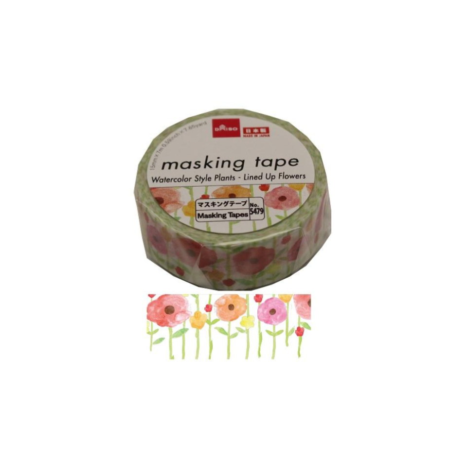 Masking Tape Watercolor Style Plants Lined Up Flowers