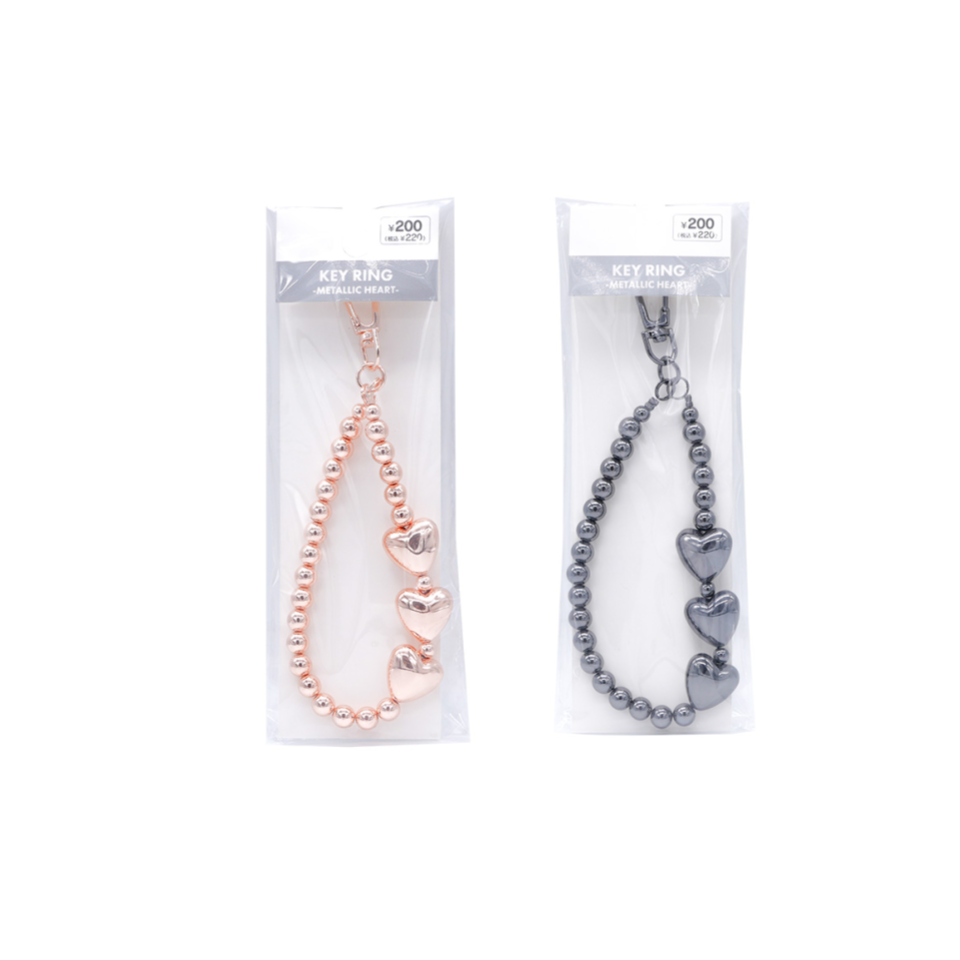 Metallic Heart Beads Keychain - Black - Rose Gold