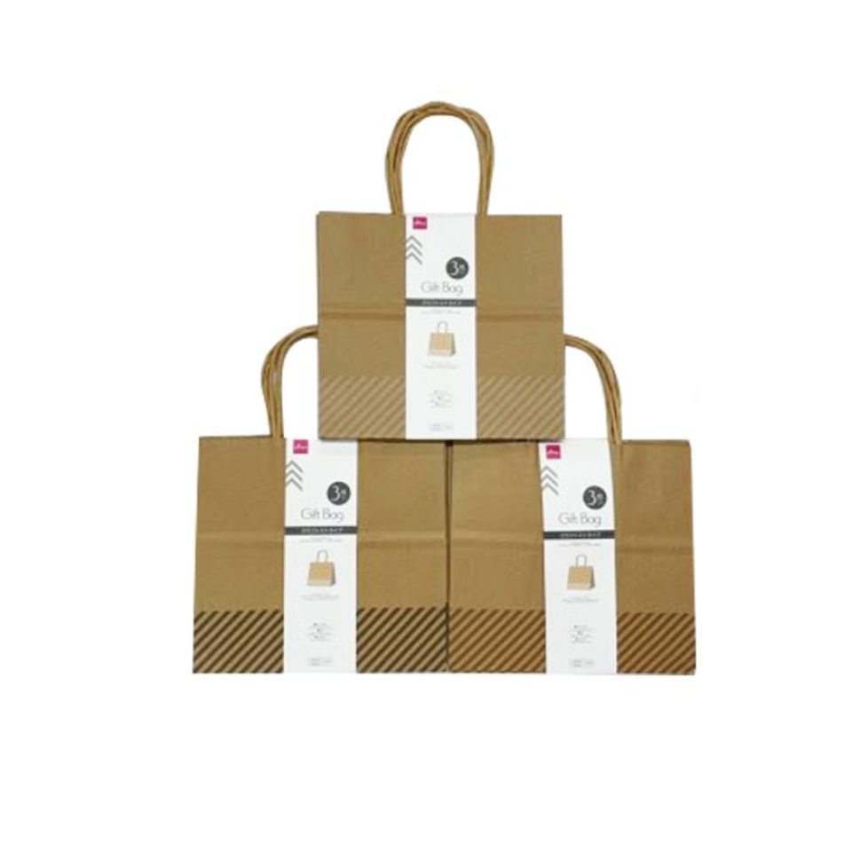 Gift Bag Kraft Stripe 21cm x 19.5cm x 11cm 3pcs