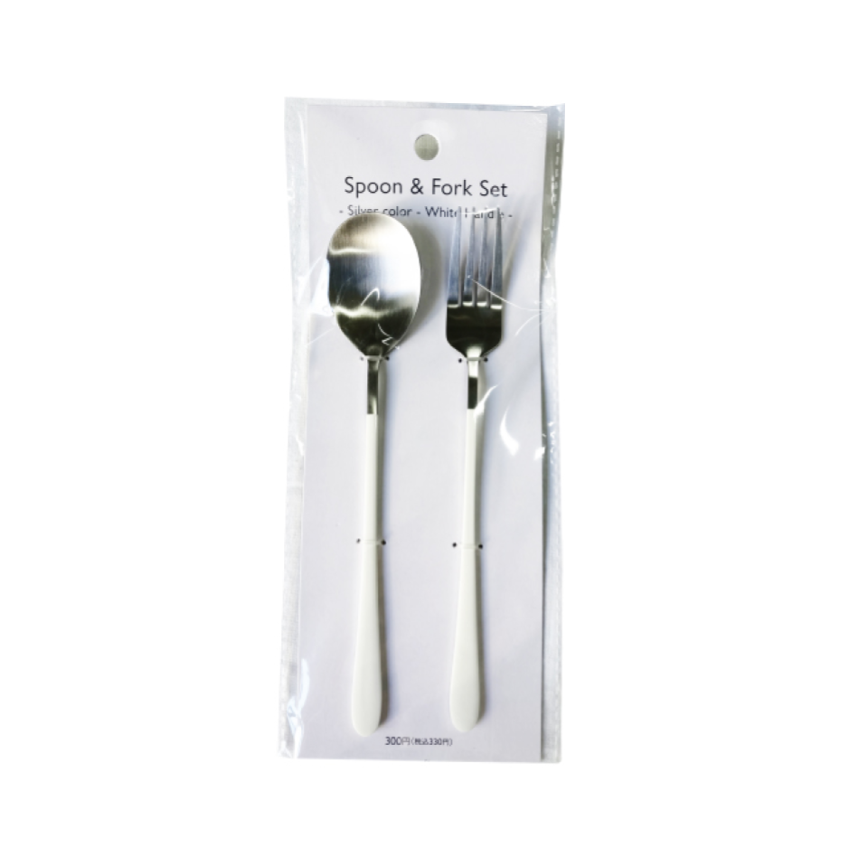 Spoon and Fork Set Silver with White Handle
