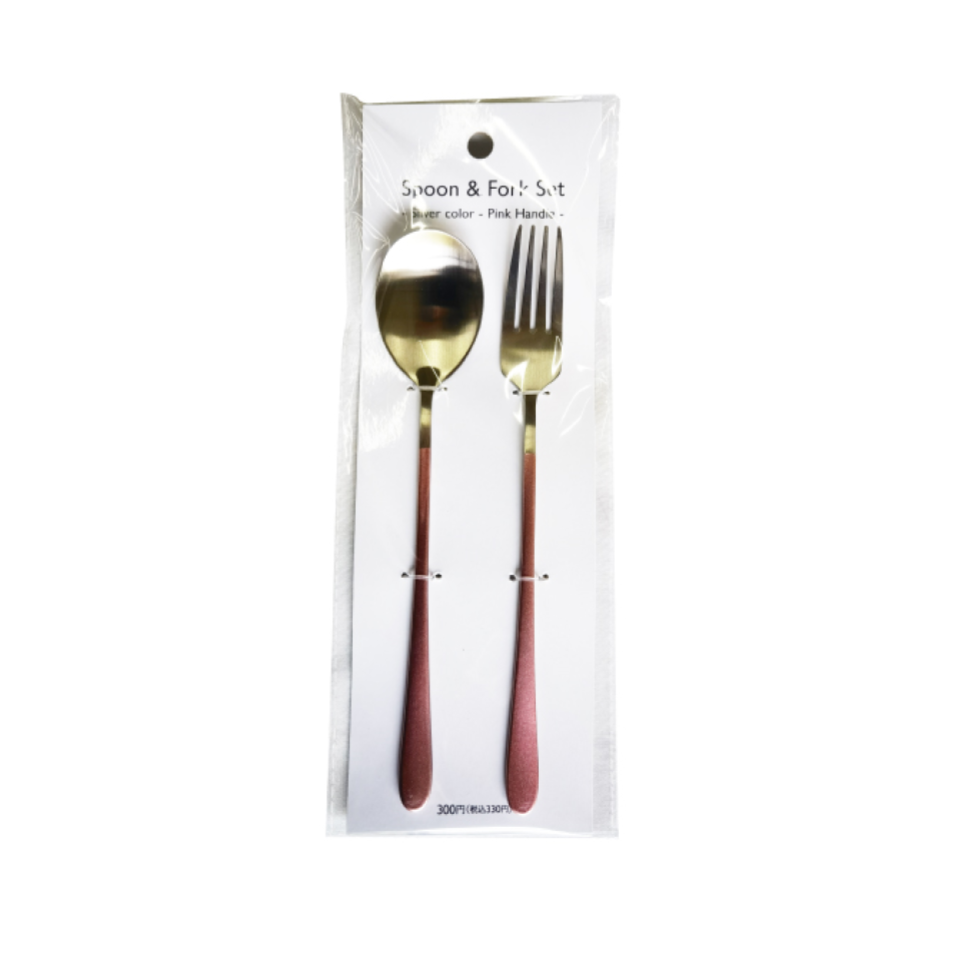 Spoon Fork Set Silver with Pink Handle