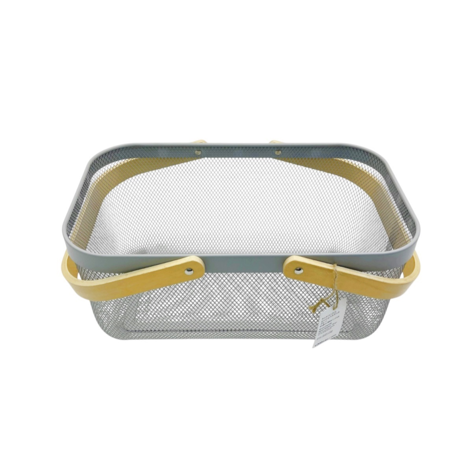Wood 2 Handle Mesh Basket Grey 40cm x 24.5 x 18cm