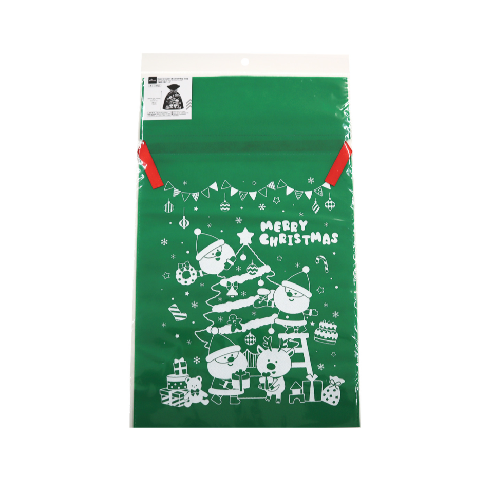 Non-Woven Drawstring Bag Happy Christmas Green 30cm x 50cm x 10cm