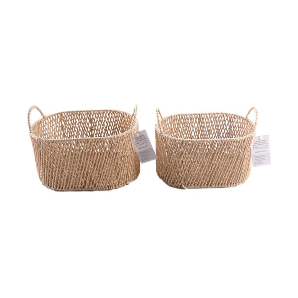 Diagonal Woven Paper Basket Oval with Handle Brown